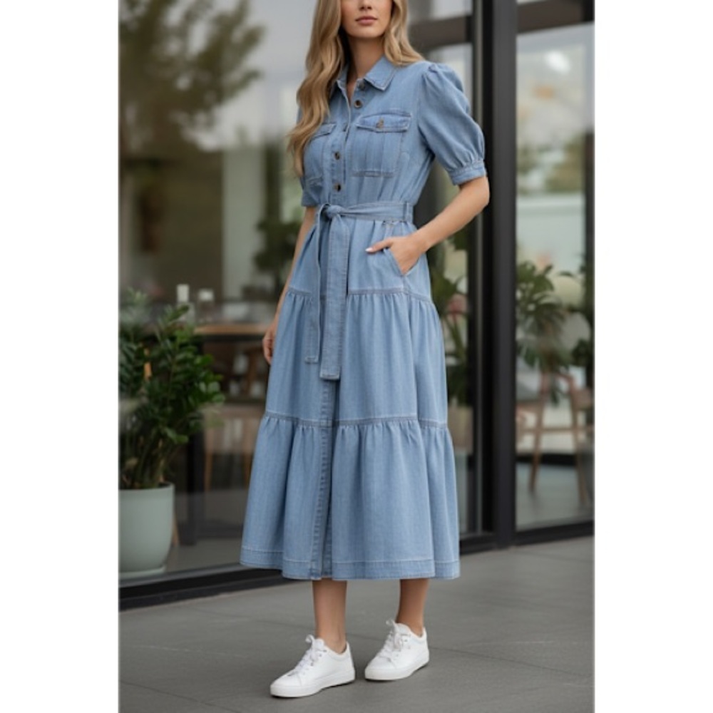 Elan Cotton Denim Tiered Shirt Dress XS Button Front A Line Puff Sleeve Blue